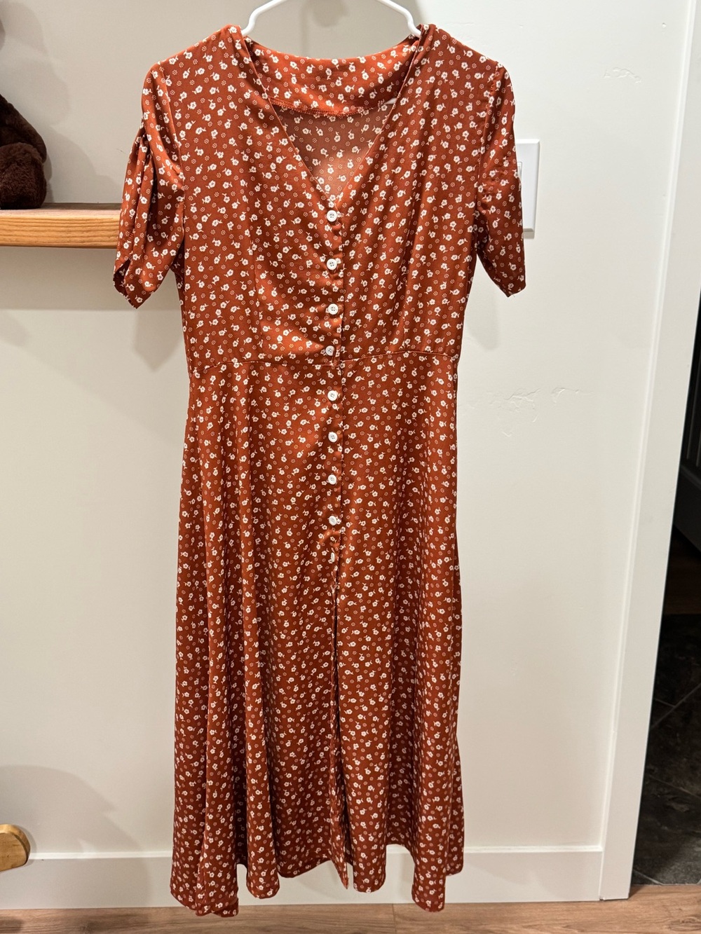 SHEIN Rust Brown Floral Button-Front Midi Dress